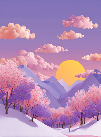 This illustration depicts a serene landscape featuring mountains, trees, and clouds set against a backdrop of a setting sun. The color palette includes soft hues of purple, pink, and yellow, creating a peaceful and whimsical atmosphere. The stylized artwork can be used in various commercial projects, including designs and print materials.の素材