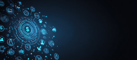 A digital representation of financial concepts is depicted. It shows glowing blue circular icons with various financial symbols, centered around a dollar sign. The illustration uses a modern, high-tech style. It suggests ideas for business, technology, or investment-related projects in a digital setting.の素材