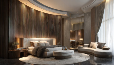 An interior shot showcases a luxurious bedroom featuring a large bed, a curved sofa, and a circular ottoman. The space has a contemporary design with soft lighting emphasizing the textures of the wooden wall paneling and neutral-toned furnishings. Suitable for architectural visualizations, real estate promotion, or lifestyle editorials.の素材