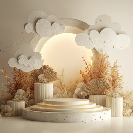 This image features a 3D rendered stage adorned with white paper clouds and dried botanical elements. The composition showcases a circular backdrop with soft lighting. The neutral color palette and minimalist aesthetic lend themselves to various commercial applications, including product displays and advertising campaigns. The scene evokes a sense of tranquility.の素材