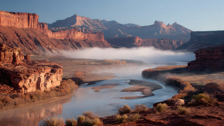 A sweeping landscape presents a river winding through a canyon, framed by towering rock formations and distant mountains. The scene features warm, earthy tones and a soft, diffused light, suggesting either sunrise or sunset. The composition offers opportunities for use in nature, travel, or environmental projects.の素材