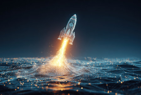 A digitally rendered rocket ascends above water, creating a trail of light. The image features a low angle view with soft lighting and a dark background. The scene suggests a futuristic environment, possibly symbolizing innovation and progress, ideal for various commercial and editorial applications.の素材