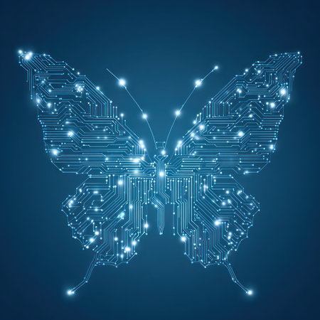 An image presents a butterfly shape constructed from a complex circuit board design. The artwork features bright blue and white lines on a dark blue backdrop. The style is modern with a focus on technology. This illustration could be used for various design projects and digital marketing campaigns.の素材