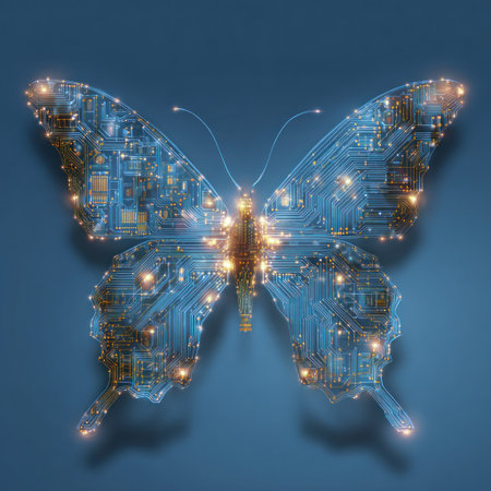 An image features a butterfly rendered with intricate circuit board patterns. The artwork displays a gradient of blue hues with highlighted lines and components. The composition, lit with soft lighting, evokes a sense of technology and innovation. It can be utilized for various commercial and illustrative purposes.の素材