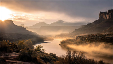 This scenic landscape features a river winding its way through a vast canyon. The scene is bathed in the soft light of sunrise, with mist adding depth and atmosphere. The composition emphasizes the natural beauty of the environment, with its textures and colors, suitable for travel or environmental projects.の素材