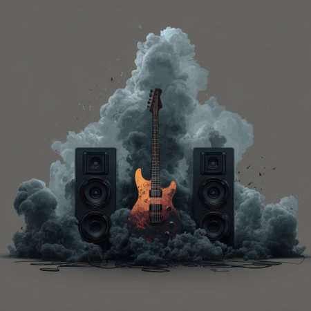 An electric guitar stands between two speakers, shrouded in a swirling cloud of dark smoke. The composition presents a studio-like aesthetic, with textured elements and muted color tones. The image suggests artistic expression. It could be suitable for promotional materials, website designs, or editorial content related to music.の素材