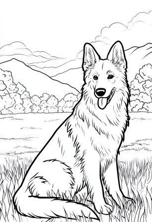 An illustration depicts a dog sitting outdoors with a backdrop of mountains and trees. The image uses a black and white line art style, suggesting potential for coloring or vector applications. The lighting appears natural, suitable for educational content and artistic projects. The scene evokes a sense of peace and natural environment.の素材