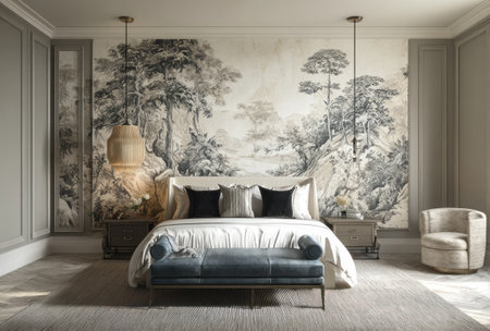 This interior photograph showcases a stylish bedroom with a large scenic mural as a focal point. The composition presents a well-lit space, filled with contemporary furnishings, including a bed, bench, and armchair. The image highlights a blend of textures, with neutral tones and soft lighting, ideal for design and lifestyle publications.の素材