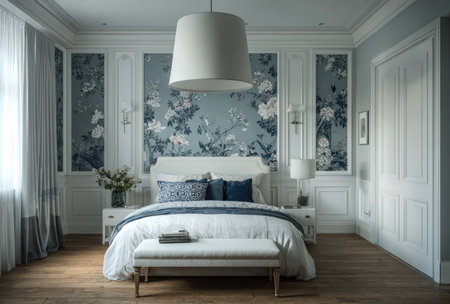 This interior showcases a stylish bedroom with a large bed, decorative cushions, and matching wall art. The room's focal point is the floral wallpaper, complemented by soft colors and ambient lighting. This setup suggests a comfortable and inviting atmosphere suitable for lifestyle content or design projects.の素材