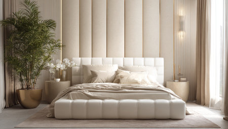 The image features a luxurious bedroom setting with a modern bed as the central focus. Neutral tones of beige and white dominate the scene, complemented by soft textures. The composition highlights design elements and is illuminated by natural daylight, suitable for showcasing interior design concepts and lifestyle themes.の素材