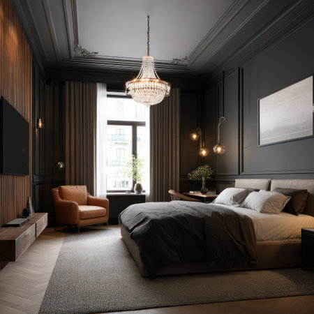 An interior shot presents a bedroom featuring a bed, an armchair, and a decorative chandelier. The color palette includes dark tones with accents of natural wood and soft furnishings. The lighting suggests a day scene, with sunlight filtering through a large window. This image is suitable for various commercial uses, including lifestyle and design content.の素材