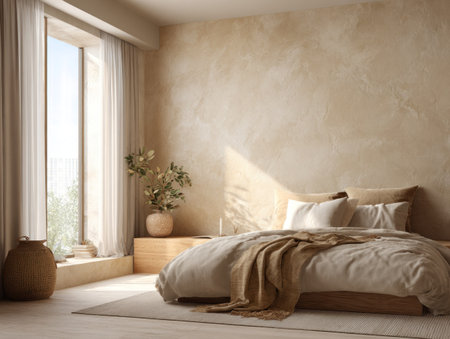 This interior design showcases a serene bedroom featuring a comfortable bed, window with natural light, and decorative elements. The scene presents soft textures and warm colors like beige and brown. This image could be suitable for showcasing design concepts or for advertising home decor items.の素材
