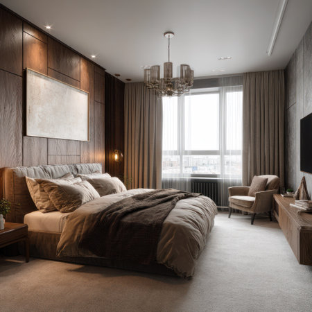 A well-lit bedroom showcases a large bed with pillows and blankets. Neutral tones dominate the scene, highlighted by wooden paneling and a large window. The composition suggests a modern interior with soft lighting, suitable for various uses.の素材