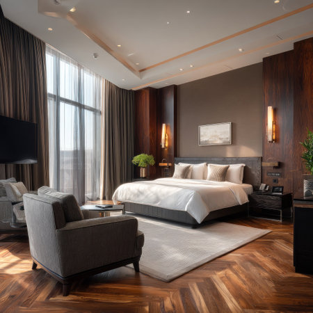 This interior showcases a spacious bedroom with modern design elements. The scene features a large bed, comfortable seating, and floor-to-ceiling windows. The color palette includes warm wood tones, neutral walls, and soft lighting, suggesting a relaxing environment suitable for various commercial purposes.の素材