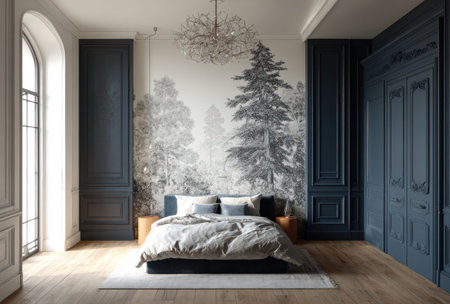 This interior shot showcases a bedroom with a contemporary design. The scene features a bed with a gray duvet, set against a black and white forest mural. Dark wood paneling and natural wood floors enhance the room's elegant aesthetic. Suitable for various editorial and commercial applications.の素材