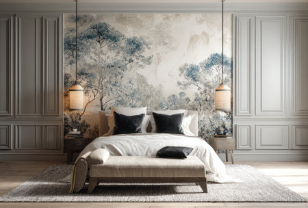 This interior scene presents a bedroom dominated by a comfortable bed. The room showcases a blend of light and neutral tones with a focus on an artistic wallpaper that adds depth. The composition includes panels, lighting fixtures and furniture. Suitable for various applications, this image is ideal for design and home-related projects.の素材