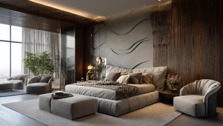 This image showcases a sophisticated bedroom interior featuring a large bed with pillows and soft textures. The room is decorated with a neutral color palette, wooden paneling, and an accent wall with abstract designs. The space is illuminated by natural light, suggesting a comfortable and stylish environment suitable for various commercial uses.の素材