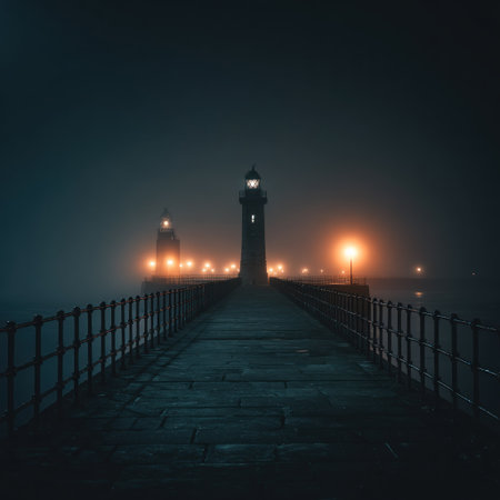 A long pier stretches towards two illuminated lighthouses, their lights piercing through a dense, dark fog. The image displays a cool color palette with prominent blues and greens, creating an atmospheric mood. The composition is symmetrical, highlighting the pathway. This photograph may be suitable for editorial and commercial applications.の素材
