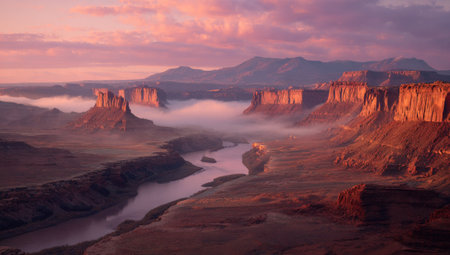 An aerial perspective showcases a vast canyon landscape during sunrise. The scene features a winding river, rock formations, and a blanket of low-lying mist. Warm colors dominate the composition, including shades of orange and pink. This photograph is appropriate for illustrating natural environments, travel, and environmental themes.の素材