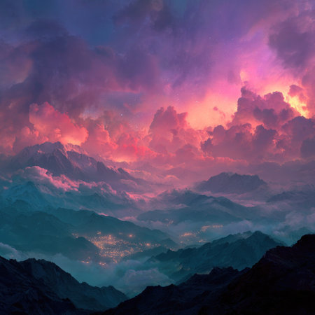 An aerial view showcases a mountainous landscape under a dynamic sky. Vivid hues of pink, purple, and orange illuminate a cloud-filled expanse. The scene features multiple layers of mountain peaks and valleys, enhanced by atmospheric effects. This image is suitable for various commercial uses, including artistic designs and environmental concepts.の素材