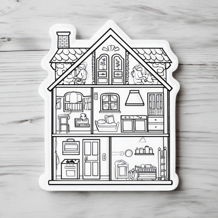This black and white illustration presents a detailed outline of a multi-story house. The image showcases the interior, revealing various rooms with furniture and decorative elements. The overall style is clean and precise, suitable for architectural designs, educational materials, or commercial projects requiring a simple, yet informative visual.の素材