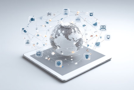 A digital representation depicts a globe surrounded by connected icons above a tablet. The composition showcases a modern, tech-focused style with bright lighting and a clean, minimalist environment. This image could be used for various projects related to technology, communication, and global networks, suitable for commercial or editorial applications.の素材