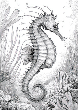 A detailed, monochrome illustration depicts a seahorse in an aquatic environment. The image showcases the creature with high detail and realistic textures. Its form is surrounded by marine vegetation, creating a sense of depth and an underwater setting. This artwork is suitable for various commercial uses.の素材