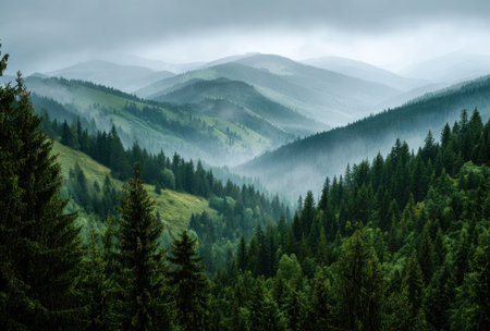 The image features a vast mountainous landscape, showcasing layers of green hills and valleys. A misty atmosphere softens the scene, creating depth and a sense of distance. This visual could be utilized for various commercial and editorial projects, providing a tranquil and natural aesthetic. The composition may be used for marketing or design.の素材