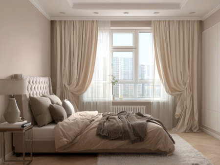 This image features an interior view of a bedroom, showcasing a bed with soft-toned bedding. Light streams through a window, illuminating the room and curtains. The design incorporates a headboard, small table with lamp and a neutral color palette. This style could be suitable for interior design, lifestyle and home decor projects.の素材