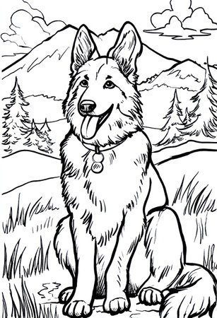 An illustrated dog sits outdoors in a mountain environment. The image features black and white line art with grassy foreground, trees, and mountainous backdrop. This graphic is suitable for coloring books, educational material, or design projects. It could also serve in various commercial and editorial applications.の素材