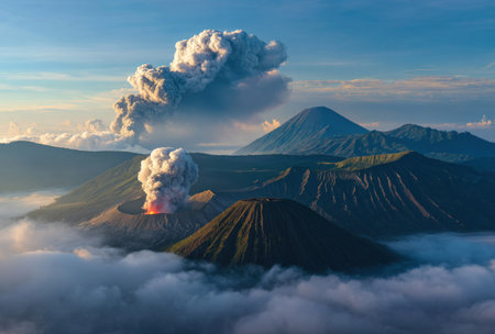 An aerial view captures a volcanic eruption, showcasing thick smoke plumes rising dramatically against a backdrop of mountain peaks. The scene reveals a natural environment with varying shades of green, brown, and blue, bathed in soft lighting. Suitable for environmental, travel, or editorial projects illustrating natural events.の素材