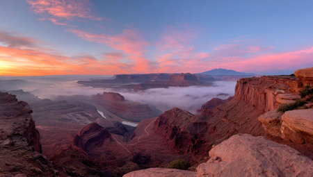 An aerial view presents a vast canyon landscape bathed in the warm light of sunrise. The scene features layered rock formations, with a river winding through the depths. The sky is filled with pink and orange clouds. Suitable for travel, nature, or environmental themes, the image conveys a sense of wonder and vastness.の素材