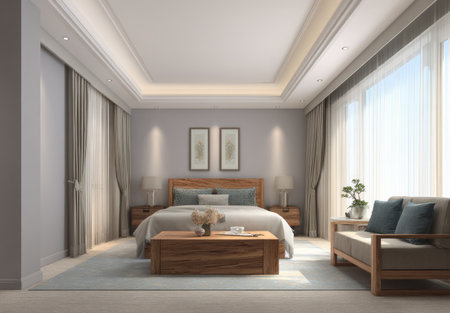This interior showcases a modern bedroom with a large bed, seating area, and expansive windows. The scene is bathed in natural light, enhancing the soft neutral color palette. The composition features a wooden coffee table and contemporary furnishings, suitable for home decor or lifestyle publications. The image exudes a sense of comfort and tranquility.の素材