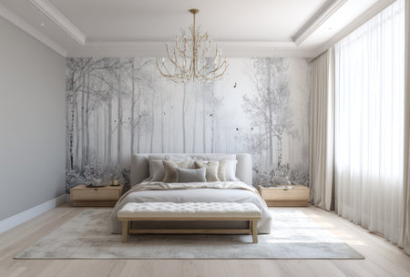 This interior showcases a bedroom arrangement with a large bed, bench, and two nightstands. The scene features a wall mural with a forest design, a chandelier, and light-colored curtains. The composition utilizes soft lighting to create a serene and inviting atmosphere, suitable for various editorial and commercial applications.の素材