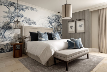 An interior shot showcases a bedroom with a large bed, featuring decorative pillows and a bench. The scene is illuminated by ambient lighting, highlighting the textures of the bed linens and the surrounding furnishings. The aesthetic suggests a serene environment suitable for relaxation, and can be used for commercial and editorial purposes.の素材