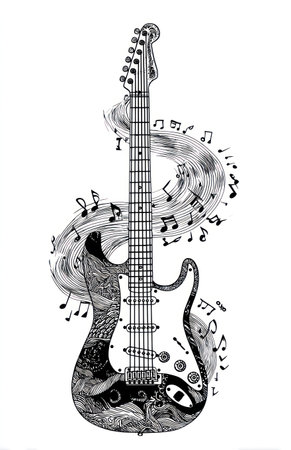 A detailed black and white illustration depicts an electric guitar surrounded by musical notes. The artwork features intricate patterns within the guitar's body, contrasted against a clean white background. This image showcases a detailed, hand-drawn style, suitable for various uses including design projects, music-related themes, and editorial content.の素材