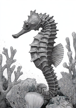 A grayscale illustration features a seahorse set against coral structures. The image utilizes intricate line work to depict the marine animal and its surroundings, creating a detailed and textured effect. The composition suggests an underwater environment with possible applications in educational materials and design projects.の素材