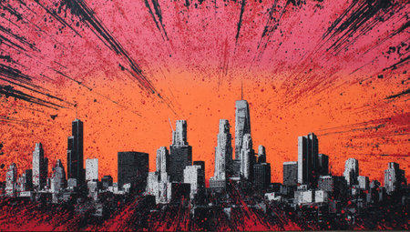 A striking artwork presents a cityscape silhouette set against a dynamic backdrop of red and orange hues, suggestive of an explosion. The composition features sharp lines and contrasting colors, with buildings in stark relief. This visual effect could be suitable for various commercial purposes and editorial content.の素材