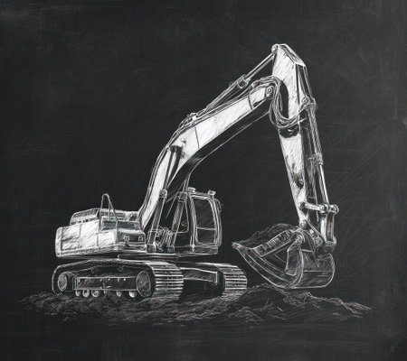 An illustrated excavator is featured against a dark backdrop, showcasing its mechanical elements in a detailed manner. The image employs shades of white and gray, enhancing the visual depth and highlighting the machine's form. Suitable for commercial applications, this graphic could be used in construction or engineering contexts.の素材
