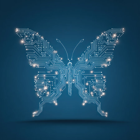 An illuminated butterfly silhouette is composed of circuit board elements on a deep blue background. The artwork features bright lines and nodes, suggesting a modern, technological theme. This graphic may be suitable for illustrating concepts related to data, connection, or innovation for various design projects.の素材