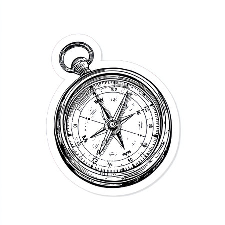 A detailed, monochrome illustration presents a compass, a navigational tool. The image features a circular composition with fine lines and intricate detailing. Its design suggests guidance, exploration, and direction. Suitable for various design projects, it could be used in editorial or commercial content.の素材