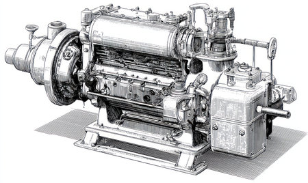 This detailed illustration depicts an industrial engine, rendered in grayscale. The composition highlights the intricate mechanical components of the engine, showcasing its design. The lighting suggests an isolated environment. Suitable for a variety of commercial and editorial uses.の素材