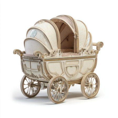 A detailed image showcases an ornate baby carriage against a clean white backdrop. The carriage features a cream and gold color scheme with intricate detailing. The composition highlights the carriage's design, suggesting a vintage or classic aesthetic, suitable for use in design or editorial projects.の素材
