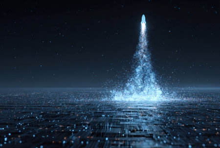 A digital rocket blasts off from a detailed circuit board background, leaving a trail of glowing particles. The imagery features a predominantly blue color scheme with sparkling lights, suggesting a futuristic, technology-driven concept. Suitable for illustrating ideas related to innovation, progress, and various technological advancements. This style lends itself to diverse commercial applications.の素材