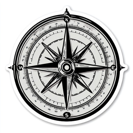 This image presents a detailed compass rose illustration, featuring a symmetrical design with a black and white color scheme. The composition showcases intricate lines and markings, suggesting precision and direction-finding capabilities. This artwork could be used for various purposes, including educational materials, design projects, and visual aids. Its clean aesthetic suits commercial applications.の素材