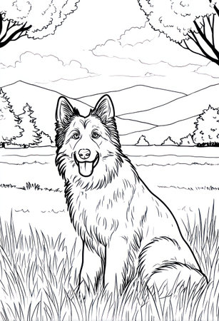 A detailed coloring page depicts a dog sitting attentively in a field. The illustration features detailed grassy textures, trees, and distant mountains. This black and white drawing style suggests suitability for educational resources or illustrative projects. Ideal for various creative uses, including print media or digital design.の素材