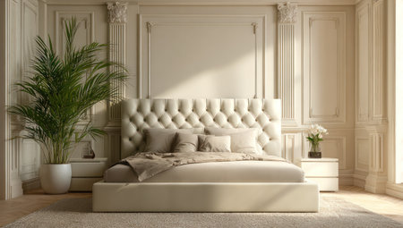 An interior shot features a bedroom with a large bed as the central element. The scene is illuminated by natural light, enhancing the soft tones. Decorative items and a plant are present. This image could be suitable for use in design, home decor, or lifestyle projects.の素材