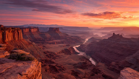 This scenic landscape showcases a vast canyon with a winding river under a vibrant sunset. The image displays rich reddish-brown rock formations and a dramatic sky filled with orange and purple hues. This view might be suitable for travel, tourism, or environmental publications.の素材