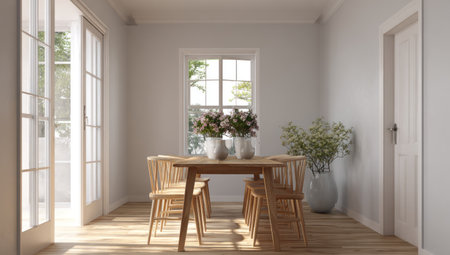 A well-lit dining room features a wooden table and chairs, arranged near a window. Vases filled with flowers adorn the table. Natural light streams in, illuminating the space with a soft glow. This image could be used for various commercial projects related to interior design or lifestyle.の素材