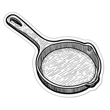 A detailed black and white illustration depicts a cast iron skillet. The artwork showcases intricate line work creating a textured appearance. This illustration, set against a plain white backdrop, is suitable for various applications, including culinary projects, educational materials, and design elements.の素材